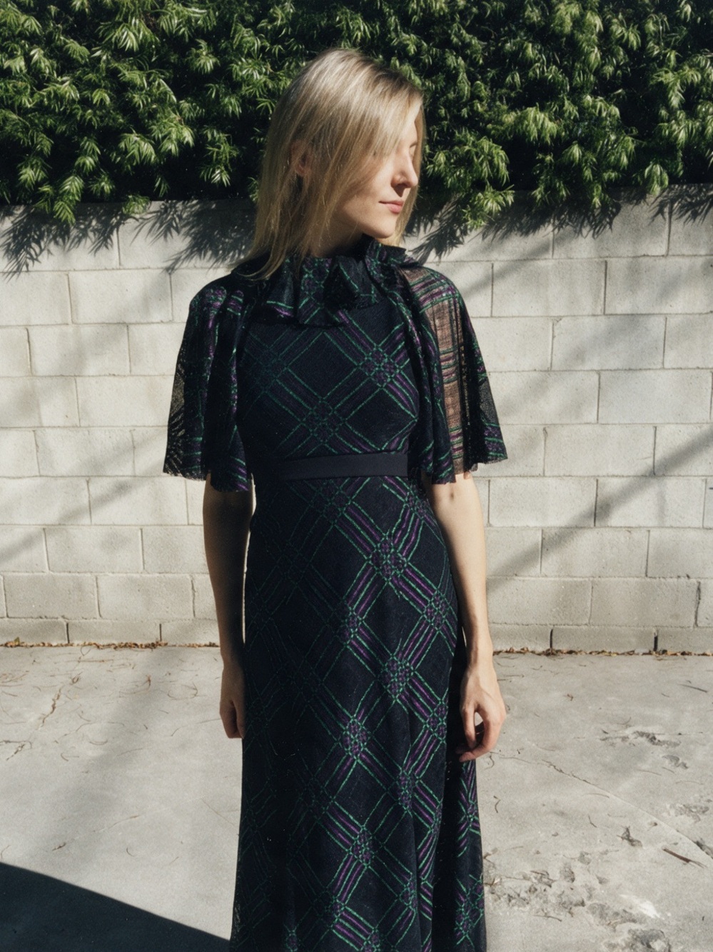 Philosophy Di Lorenzo Serafini - Black Plaid Maxi Dress with Sheer Cape Sleeves
